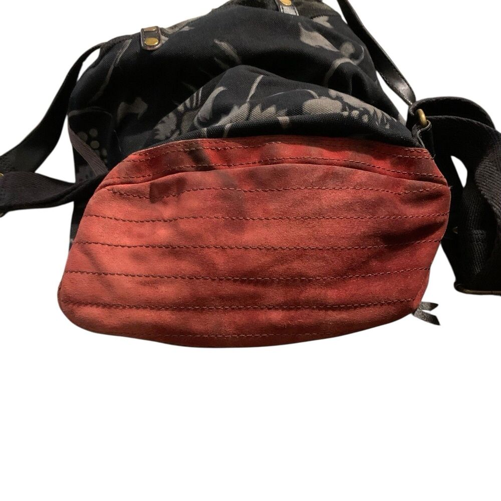 VTG Lucky Brand Leather Canvas Backpack Bag Floral Black Red Y2K Boho Drawstring - Picture 7 of 16